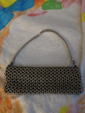 Whiting And Davis Silver Chainmail Evening Clutch - Black Lining